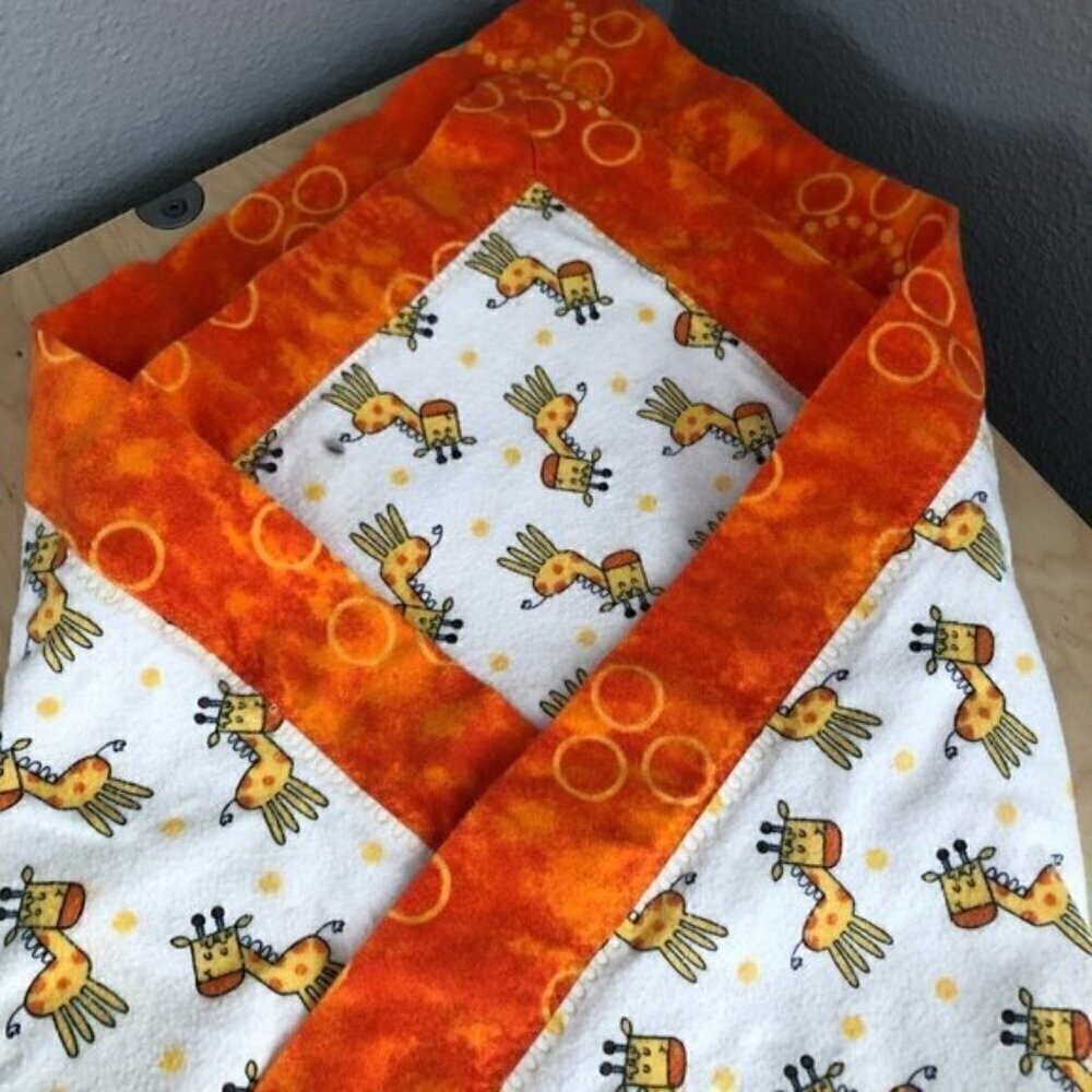 Handmade Cheery Giraffes Orange Yellow Flannel Baby Blanket 28" SQ Statement